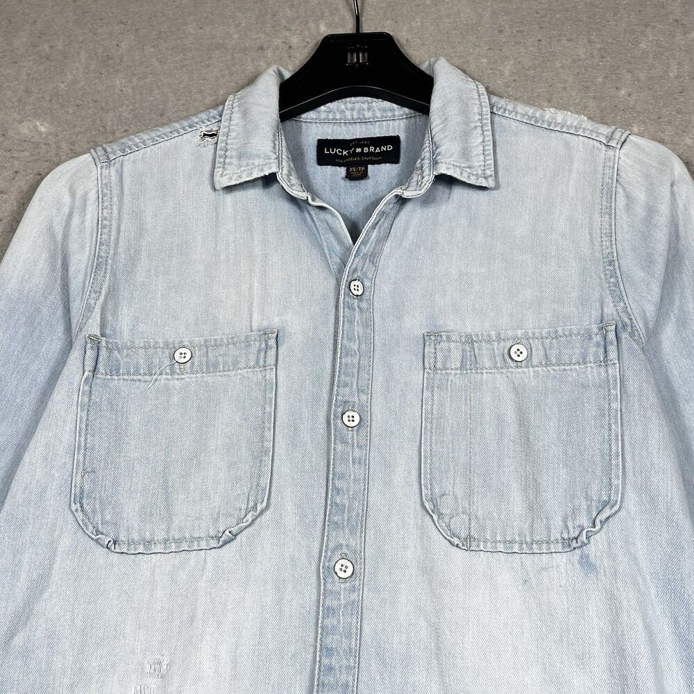 Lucky Brand Shirt Button Down Size XS Blue Utility Military Minimalist Neutral - Picture 2 of 14